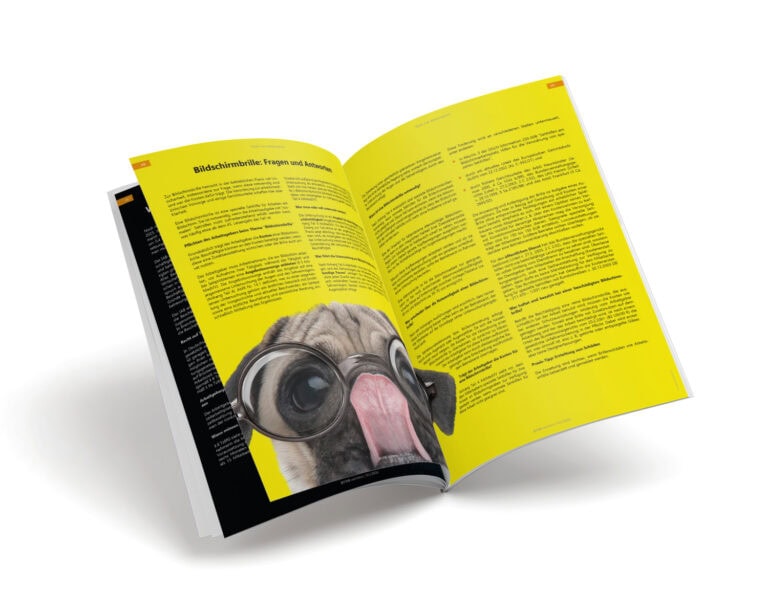 Offen geblättertes Magazin mit einer Gans auf der Seite, die Brille trägt.