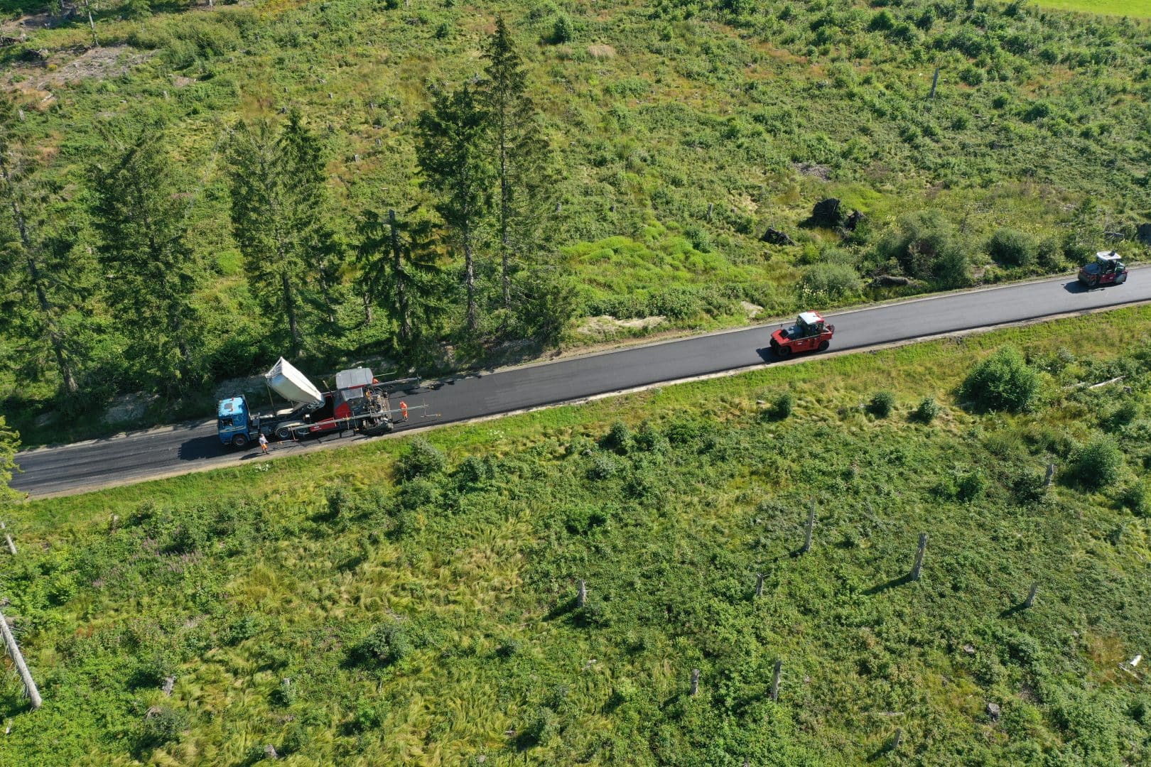 LKW und Fahrzeuge auf einer Landstraße in grüner Natur.