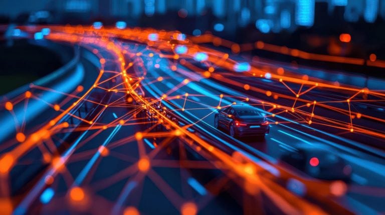 Futuristische Stadt mit Cybernetzwerktechnologie und autonomen Fahrzeugen.