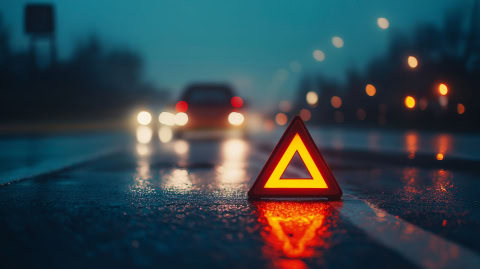 Warnweste bei nächtlichem Verkehrsunfall auf nasser Straße sichtbar.
