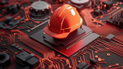 Innovativer Computerchip mit rotem Bauhelm als Symbol für Bau- und Technik-Branche.