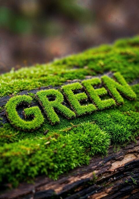 Moss-Buchstabe 'GREEN' auf Baumstamm für nachhaltiges Bauen.